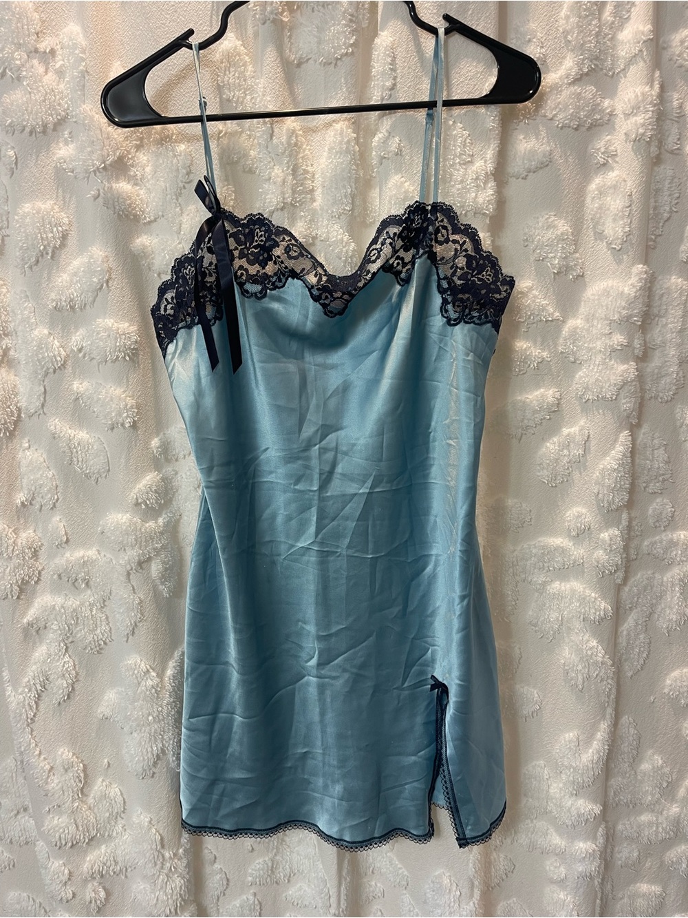 Victoria's Secret Light Blue Satin Slip Dress with Navy Lace Trim - Picture 1 of 6
